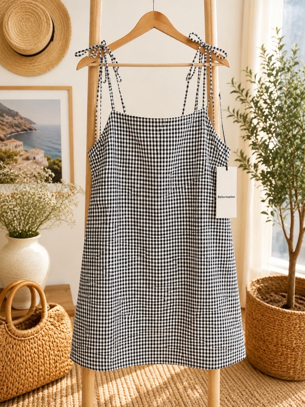 Reformation Black & White Gingham Tie-Shoulder Sundress Sz XL P2P 20’ NWT